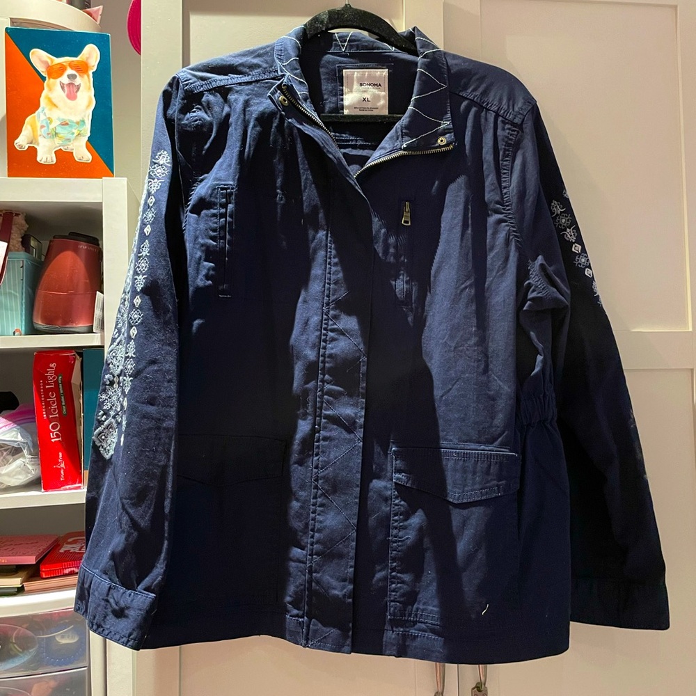 WOMENS SONOMA NAVY BLUE UTILITY JACKET WITH EMBROIDERY SIZE XL NWOT